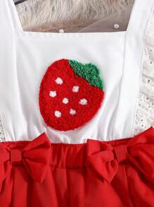 Infants Girls' Strawberry Embroidered Romper With Ruffle Hem & Headband, Cute Summer - Red - View 6