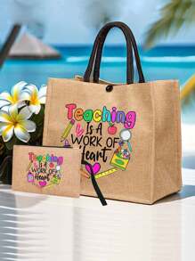 创意教师节字母印花亚麻手提袋套装（半套），包含黄色亚麻抽绳零钱包、黑色方形购物袋，是教师节感谢礼物和女士大容量亚麻手提袋的理想之选，也是沙滩必备单品和夏季女士包袋，适合旅行、度假、假日和海滩使用，是最佳教师节礼物、感谢老师礼物、最佳教师节礼物、永远的最佳教师节礼物、最佳女教师节礼物和教师节礼物。 - 卡其色 - 查看 8