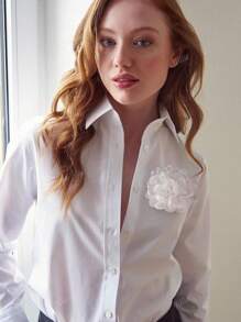 QIANZHIDU Women' Floral Decoration Long Sleeved Single Breasted Casual Elegant Workplace Interview Office Shirt