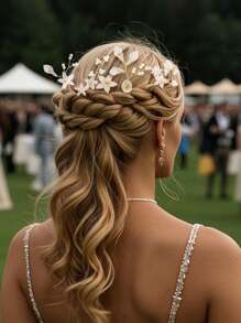 4 件装新款陶瓷花白色碎花发叉发插新娘头饰欧式简约珍珠点缀配饰 - 金色 - 查看 3