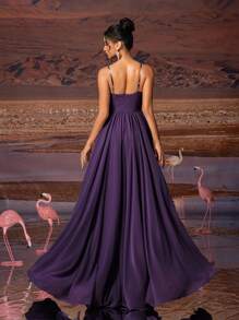 Vestido de noche elegante para mujer de gasa con tirantes finos en color púrpido sólido, adecuado para todas las ocasiones formales, gala, invitado de boda, festival de música, fiesta de vacaciones, baile de graduación, fiesta de cóctel, cita, vacaciones y vestido de dama de honor.