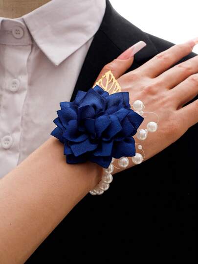 1 件女士腕花胸花，新娘伴娘婚礼饰品，藏蓝色山茶花配金色叶子，手链/胸针，派对、正式场合及情人节配饰