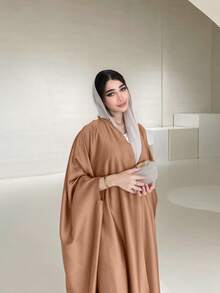 Women Solid Color Long Cardigan With Belt And Batwing Sleeves, Modest Middle Eastern Style Outwear For Autumn/Winter - No Headscarf - Khaki - View 2