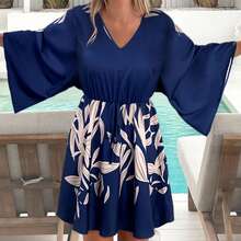 V-Neck Oversized Batwing Sleeve Floral Print Long Sleeve Dress - Navy Blue - View 3
