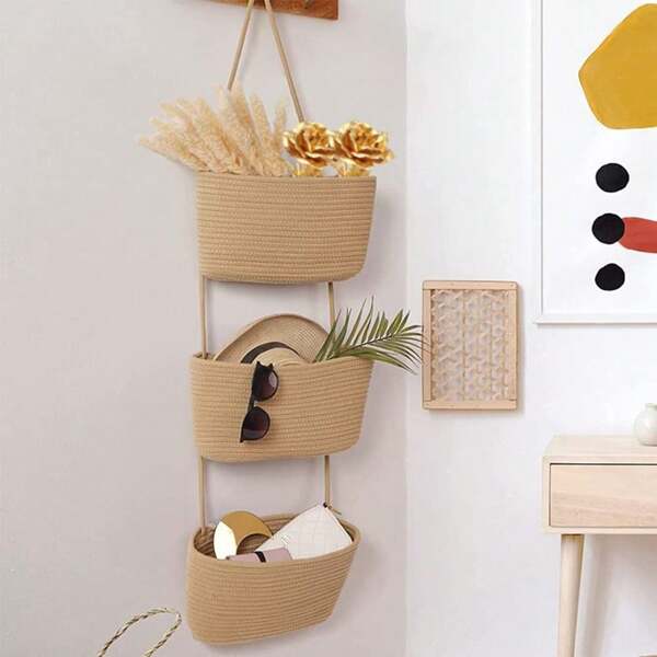 1 pieza Canasta de almacenamiento colgante de puerta de algodón tejido de 3 niveles de uso múltiple, organizador decorativo montado en la pared para la cocina, el armario