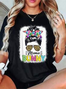 Mama Bunny Shirt For Women Easter Mom Messy Bun Leopard T-ShirtWomen's Casual Short Sleeve Crew Neck T-Shirt For Spring & Summer