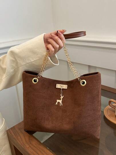 1pc Polyester Deer Pattern Decorative Large Capacity Zipper Shoulder Tote Bag, Suitable For Women's Daily Use