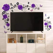 玫瑰花和蝴蝶浴室门墙贴、浴缸贴花、卧室背景粘性壁纸 - 彩色 - 查看 12