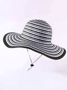 1 件双色条纹简约休闲宽边太阳帽，男女通用户外街头登山旅游沙滩防晒小渔夫帽