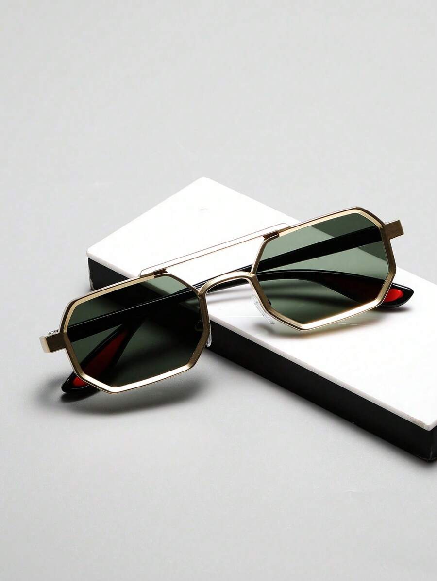 1pc Metal Double Bridge Square Frame Glasses, Fashionable Men's Outdoor Personalized Small Frame Eyeglasses - Multicolor - View 1