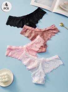4PCS Sexy Lace Thongs Bow Women's Underwear Transparent Elastic G-String Solid Color Casual Panties For Women Soft And Light T-Back Black Pink White Lingerie Low Waist Tangas Fashionable Briefs - Multicolor - View 2