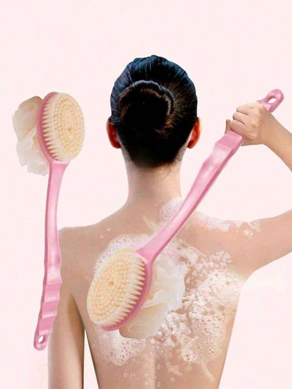 1pc Pink Long-Handled Shower Brush, Multi-Purpose Scrub Brush For Back Exfoliation And Shower Cleaning,Bag,Organizer,Storage,Hair Clips
