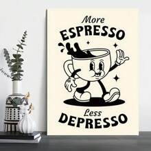 Framed Vibrant Coffee-Themed Art - Unique Illustration Canvas Posters For Home Decor With Humorous "More Espresso, Less " Quote