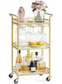 VASAGLE Carrito de 3 Niveles, Carro de Cocina Dorado, para Espacios Pequeños, con Ruedas, con Pasamanos, Cocina, Comedor, Baño, Salón, Bar, Negro Tinta MLRC101B01 - Dorado Pálido - Ver 6