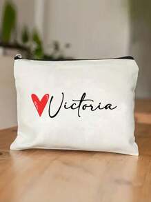 Bolsa de maquillaje personalizada con estampado de corazón, neceser de viaje con nombre personalizado, organizador de cosméticos sin olor, unisex adulto, beige, impresión de posicionamiento - Beis - Ver 4