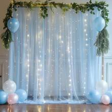 6 pièces Rideaux de fond en tulle blanc lumineux, rideaux de voile blanc pour arche de mariage avec guirlande lumineuse, décoration de fond de mariage 500*160 cm en voile transparent, décoration de plafond pour arche de mariage, convient pour les mariages, les fêtes d'anniversaire, la décoration de la maison, les accessoires photo