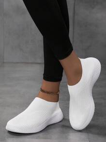 女士一脚蹬轻便舒适白色平底乐福鞋，透气针织休闲鞋 - 白色 - 查看 4