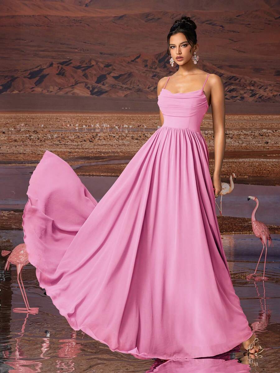 AOSHABABI 女士优雅雪纺荷叶边吊带长裙，正式礼服，适合各种正式场合，如宴会、婚礼、音乐节、节日派对、毕业舞会、鸡尾酒会、约会、度假、伴娘礼服，也适合晚宴、婚礼宾客、情人节等场合，春季粉色