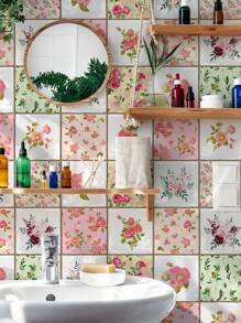 SUPSTICKER 1/10pcs Vintage Spring Floral Pattern Home Decor Wall Stickers, Crystal Thickened Faux Ceramic Tile Wall Decals, Self-Adhesive Removable, Suitable For Living Room, Bedroom, Kitchen Tile Walls Or Smooth Surfaces, Also For Cabinet, Tabletop Decoration, DIY - Multicolor - View 2