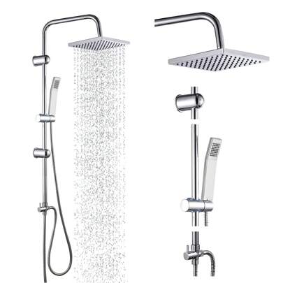Vandise Waterfall Bath Shower System Mixer Shower Tap With Modern Square Riser Rail Kit Dual Rainfall Shower Heads Handset, Wall Mounted Square Chrome Bathroom Shower Mixer Square Waterfall Bath Shower Mixer Tap With Riser Shower Rail Kit, Massive Water Chrome Bathroom Thermostatic Shower Mixer Set, Height Adjustable Stainless Steel Handheld Shower, Temperature Adjustable, 39" Height Home Bathroom Decor Summer Back To School