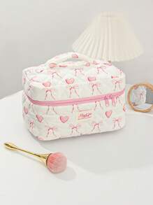 1 Bolsa de maquillaje acolchada con forma de corazón y lazo rosa. Bolsa de cosméticos de viaje, bolsa de cosméticos multifunción, bolsa de baño, bolsa de almacenamiento de joyas, bolsa de almacenamiento de perfumes y cuidado de la piel, bolsa de pinceles, bolsa de toallas sanitarias, bolsa de auriculares, monedero, bolsa de gafas, adecuada para familia, viajes, escuela y trabajo. Adecuada para mujeres y estudiantes. Regalos festivos, regalos de cumpleaños, regalos de Navidad, regalos para mamá, recuerdos, lindo