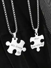 2pcs Stainless Steel Creative Geometric Puzzle Pendant Necklaces For Couples, "Her Weirdo, His Crazy" Letter Design Jewelry Sets, Gift For Christmas, New Year, Valentine's Day,Mom,Mother,Mother's Day,Gift - Multicolor - View 5