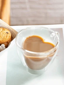 1件180毫升创意双层心形玻璃杯带手柄保温水杯心形玻璃咖啡杯。（不含勺子，可单独购买）双层玻璃杯咖啡杯保温杯心形内层设计教师节礼物玻璃杯。