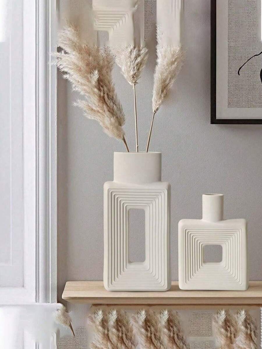 1pc White Square Vase, Home Decor, Minimalist Nordic Bohemian Style, Suitable For Living Room, Bookshelf, Dining Table, Bookcase, Fireplace And Foyer Decoration. Rama Decor