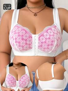 Plus Size Women Front Closure Lace Wireless Bra - Multicolor - View 5