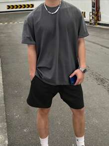 2pcs/Set Men,Workout Sets Summer Casual Sports Solid Color Crew Neck Short Sleeve T-Shirt And Shorts - Black - View 1