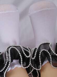 1 Pair Girls' Cotton Black Lace Pearl Breathable Princess Dance Ruffle Socks, Versatile For All Seasons - White - View 7