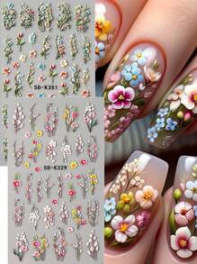 Stickers d'art pour ongles 5D en relief avec bouquet de fleurs de marguerite rose rêveuses, feuille de vigne verte et fleur à cinq pétales épanouissante et rose. Décorations de charms et fournitures pour manucure DIY