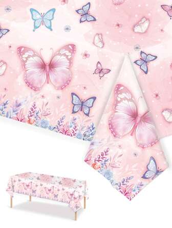 3 pièces Nappe jetable 137*274 CM/53,94*107,87 POUCES, en matériau PE imperméable et anti-huile, motif floral papillon rose printemps. Convient pour diverses fêtes à thème et décorations quotidiennes, peut être utilisé comme toile de fond/tapis de pique-nique