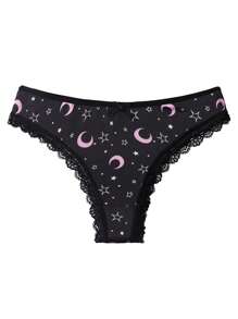 4 Pieces [Star Moon Series] Sexy Gothic Fashion Mid-Waist Women's Panties, Printed With Star, Moon Pattern Comfortable Panties