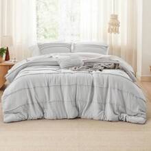Juego de edredón Queen Bedsure - 4 piezas Juego de cama con pliegues, Ropa de cama bohemia beige para todas las estaciones, 1 edredón suave, 2 fundas de almohada, 1 almohada decorativa - Gris Claro - Ver 7