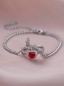 2pcs/Set Creative Heart And Sword Couple Ring Bracelet Collarbone Chain Sword Bracelet Rings Jewelry Set Fashion Accessories For Women Couple Gift Jewelry
