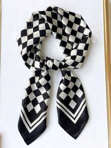 1pc Women's Faux Silk Checkered Pattern Printed Scarf, Versatile Neckerchief, Essential For Spring/Summer, Fashion Accessory