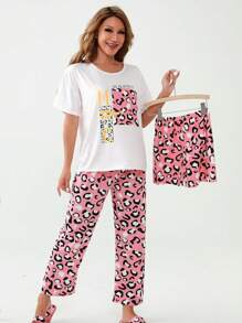 Pimavera y Verano Conjuntos de Descanso para Mujeres Ropa de Dormir para Mujeres, Pijama con estampado de dibujos animados, Incluye una camiseta de manga corta, un pantalón corto - Multicolor - Ver 6