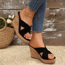 Sandales compensées d'été pour femmes, talons hauts plateformes, tongs anti-dérapantes avec texture de grain de bois