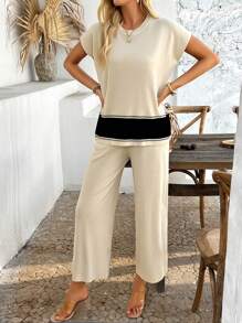 Conjunto de dos piezas de mujer informal, suéter holgado y pantalones de pierna ancha de lana