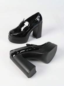 Tacones altos de 12 cm con plataforma de 4.5 cm en piel de patente brillante con diseño minimalista de suela gruesa, adecuados para uso en fiestas, nueva colección primavera 2025