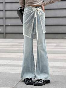 Tween Girls Denim & Mesh Flare Pants, Spring/Summer - Blue - View 5