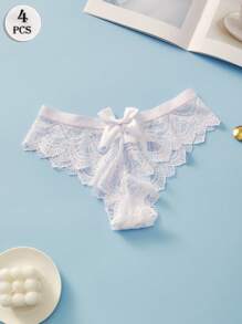4PCS Sexy Lace Thongs Bow Women's Underwear Transparent Elastic G-String Solid Color Casual Panties For Women Soft And Light T-Back Black Pink White Lingerie Low Waist Tangas Fashionable Briefs - Multicolor - View 8
