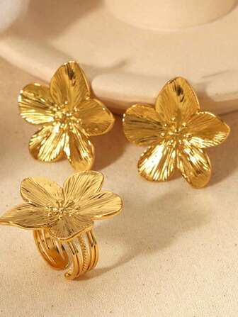 3pcs/Set Vintage Oversized Glossy Floral Earrings & Rings Jewelry Set, Suitable For Women Daily Matching