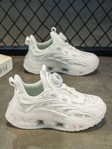 1 Pair Youth Spring/Summer Breathable Mesh Vamp Chunky Sneakers, Dual-Layer Sole For Shock Absorption, Adjustable Rotary Buckle For Easy On/Off, Suitable For Daily, School, Sports - White - View 4