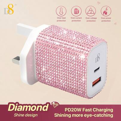 1pc Crystal Decor USB-C Wall Charger, 20W Type-C+QC3.0 Dual Port Power Adapter, USB-C Data Cable Phone Charger, Compatible With IPhone 16/15/15 Plus/15 Pro/15 Pro Max, Pro 12.9 Inch (5th/4th/3rd Gen), Galaxy S23 Ultra/S23/S23+/S22/S21/S20 Ultra/S22+/S21+/Ultra/S20/S20+, Suitable For Travel, Office, Dorm And Home Use, Multi-Port Design