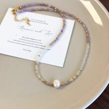 1 件手工制作的浪漫紫色串珠珍珠项链，短款颈链式项链配饰