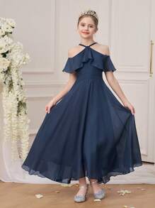 Tween Girls' Off-Shoulder Spaghetti Strap Long Party Gown, Ruffled Hem Birthday Wedding Formal Dress, Princess Evening Dress - Royal Blue - View 1