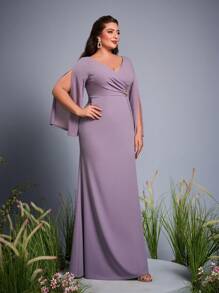 Magicy Plus Size V-Neck Asymmetrical Crossed Draped Butterfly Decorated Button Split Long Sleeve Mermaid Bodycon Long Dress Bridesmaid Dress
