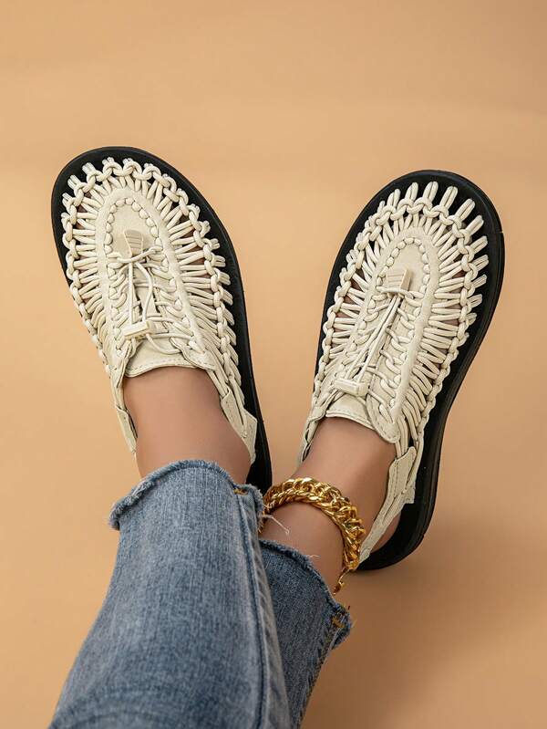 Black Handmade Woven Comfortable Women's Sandals, Fashionable Casual Walking Shoes, Closed Toe Slides, Large Size Ladies Beach Slippers